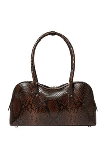A sleek brown snake-skin patterned stella mccartney women’s shoulder bag with rounded handles and glossy finish