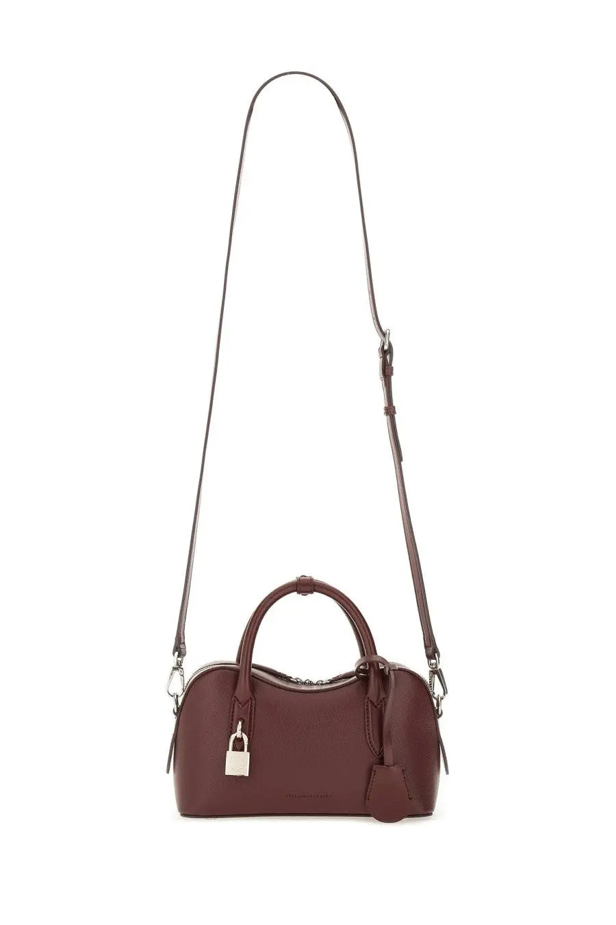Stella McCartney women’s shoulder bag Ryder red burgundy leather satchel with silver padlock clasp and shoulder strap