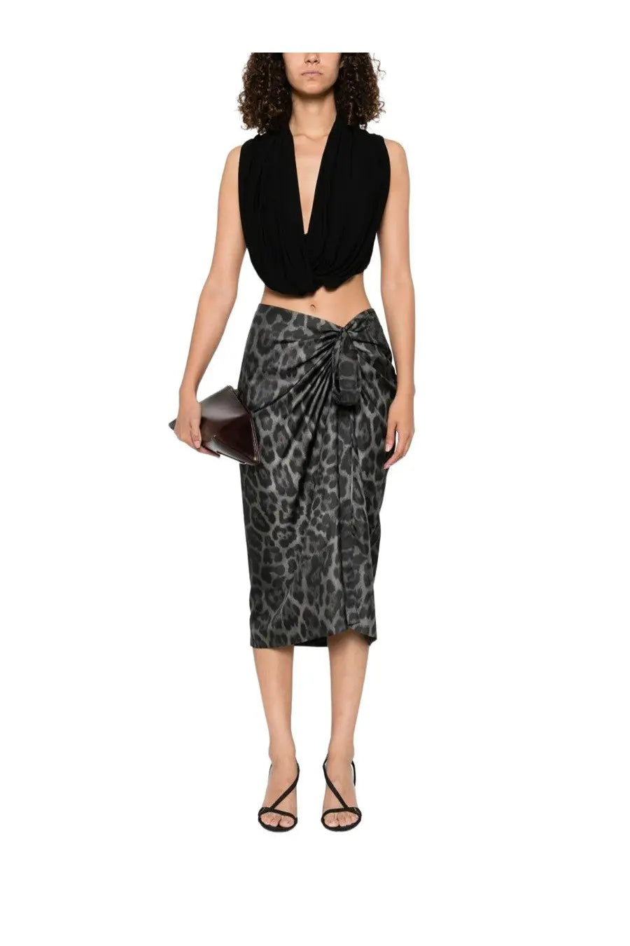 Stella McCartney women’s silk midi skirt in black and gray leopard print with wrap design and tied waistband