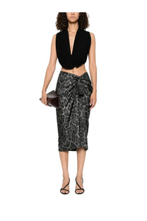 Stella McCartney women’s silk midi skirt in black and gray leopard print with wrap design and tied waistband