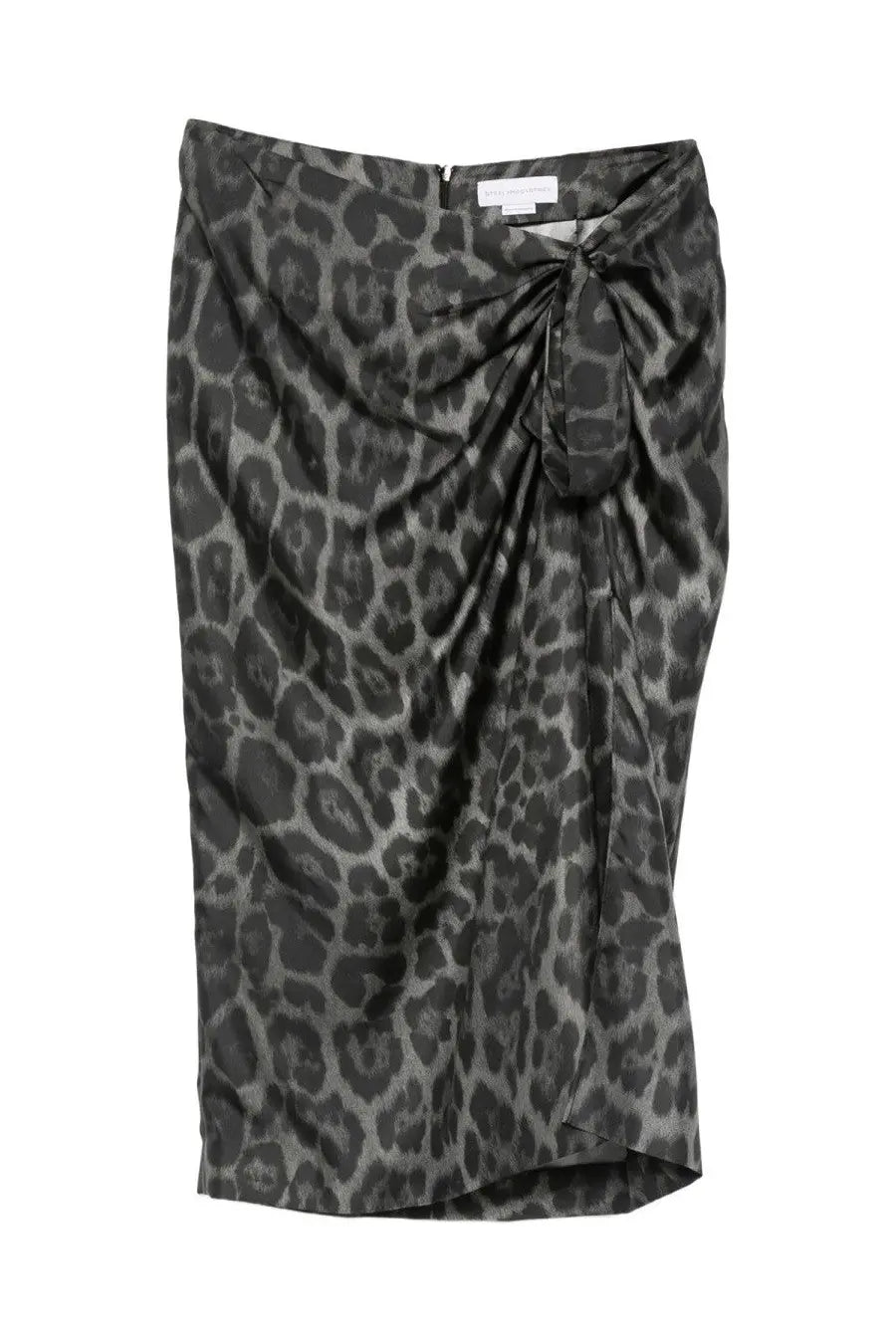 Stella McCartney women’s silk midi skirt with black and gray leopard print and satin-like sheen wrap design