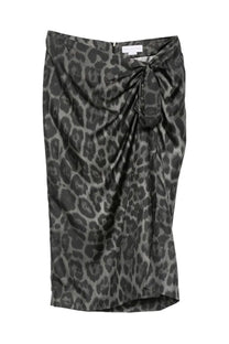 Stella McCartney women’s silk midi skirt with black and gray leopard print and satin-like sheen wrap design