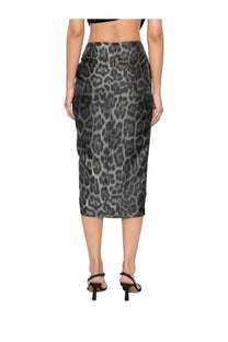 A sleek mid-calf length pencil skirt by Stella McCartney in black and gray silk leopard print pattern
