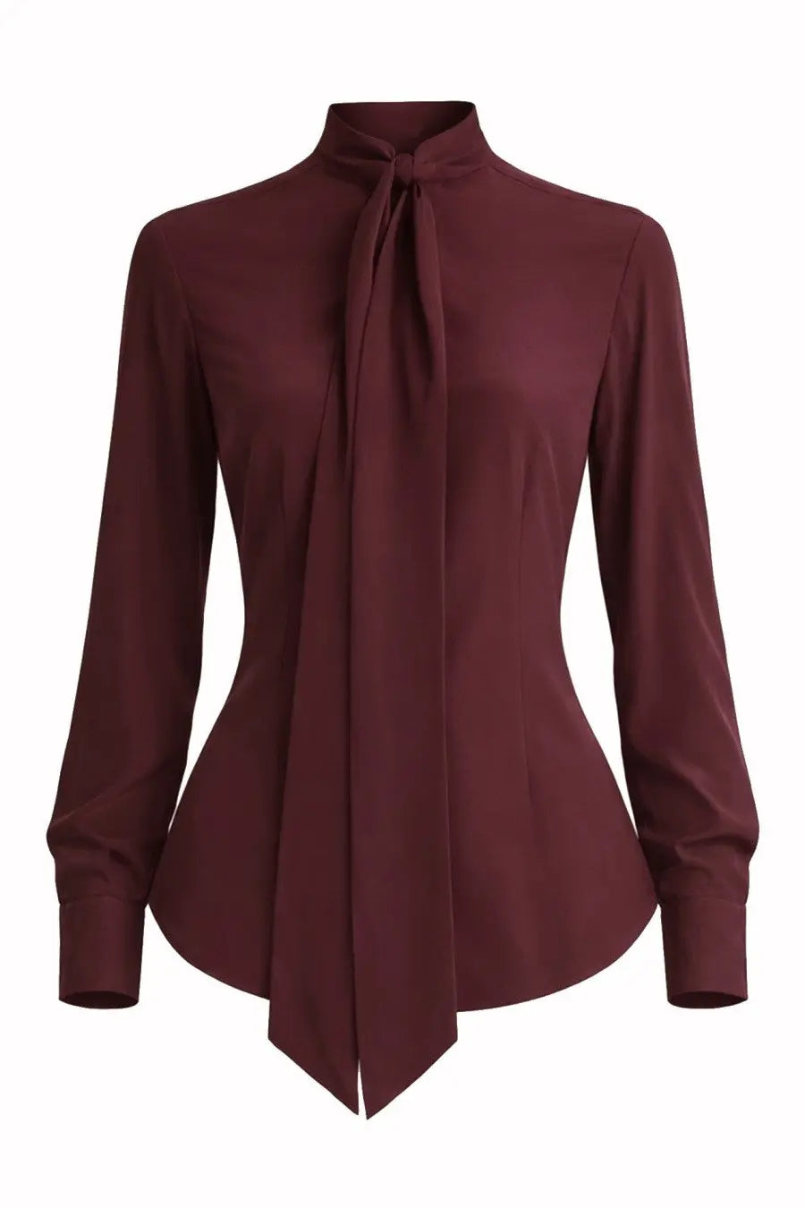 A sleek burgundy silk blouse by Stella McCartney with a high neck tied bow and long sleeves for women