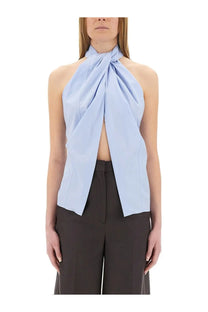 Stella McCartney women’s light blue sleeveless halter neck top with draped knotted front made of smooth fabric