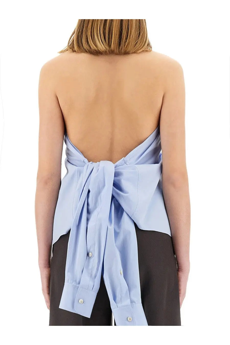Stella mccartney women’s sleeveless light blue satin blouse with back tie detail shown from the back side