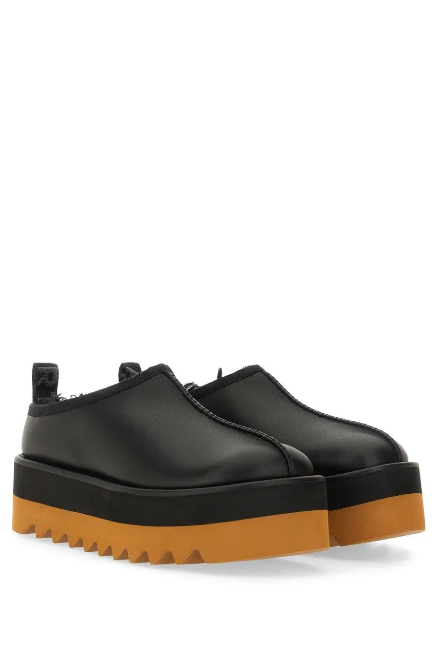 Stella McCartney women’s sneak Elyse black platform loafers with glossy finish and contrasting orange rubber soles