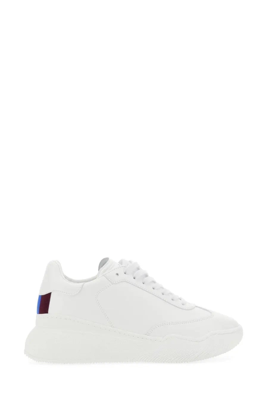 Back view of stella mccartney women’s white leather sneaker loop pink with chunky sole and blue red heel patch