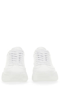 Stella McCartney women’s white leather low-top sneakers with chunky sole and laces in sneaker loop pink detail