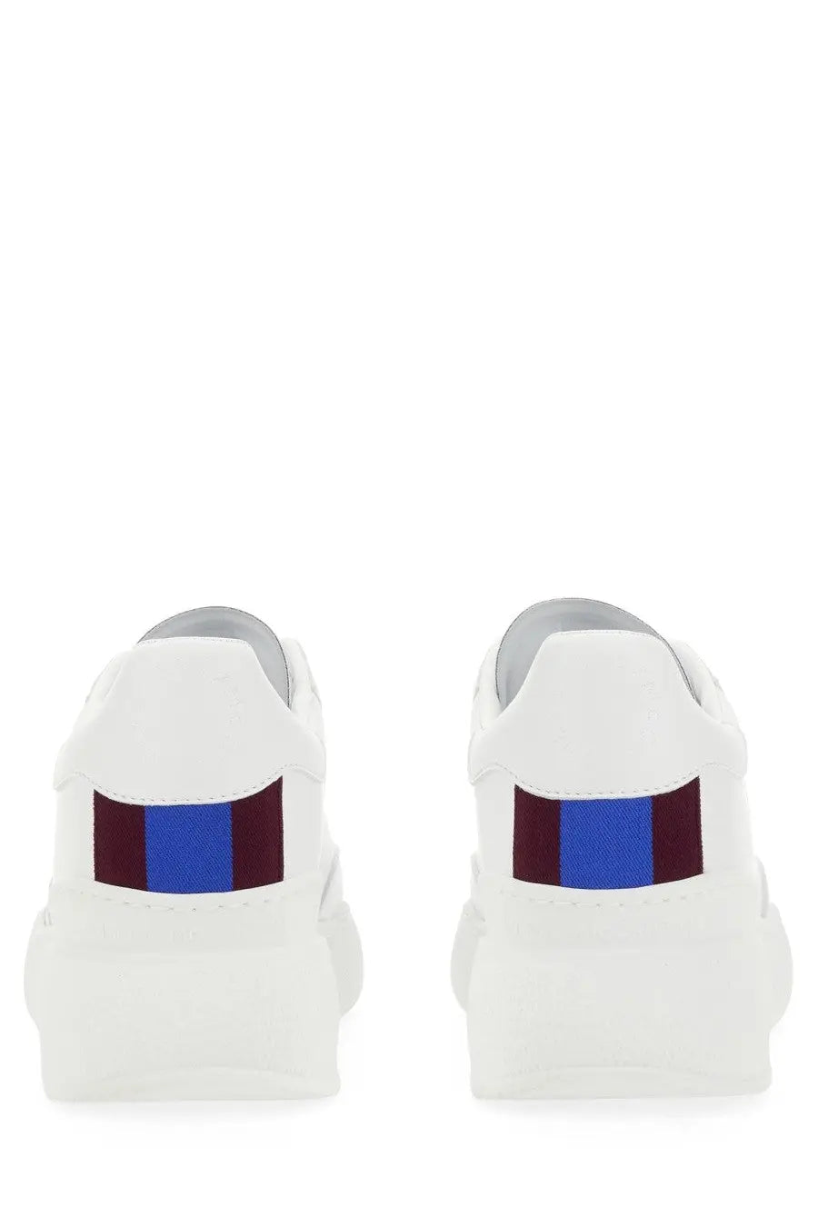 White platform stella mccartney women’s sneaker loop pink showing bold blue and maroon striped heel accent back view
