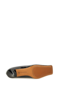 Stella McCartney women’s black patent leather square toe pump with tan insole and visible stitching