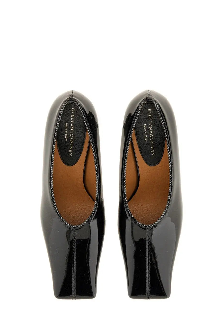 Stella McCartney women’s black patent leather square toe pumps with glossy finish and stitched inner edge detailing