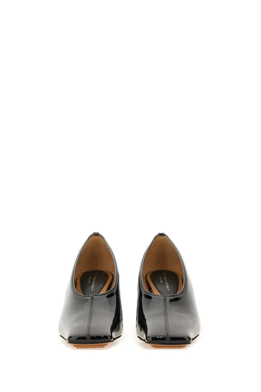 Stella McCartney women’s black patent leather square toe pumps with a sleek minimalist design