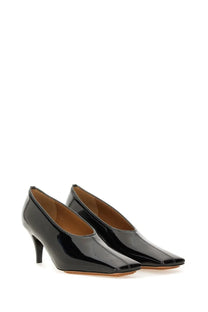 Stella McCartney women’s black patent leather pumps with sleek square toe design and low heel