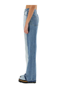 Stella McCartney women’s high-waisted straight leg jeans in two-tone medium blue and light washed denim