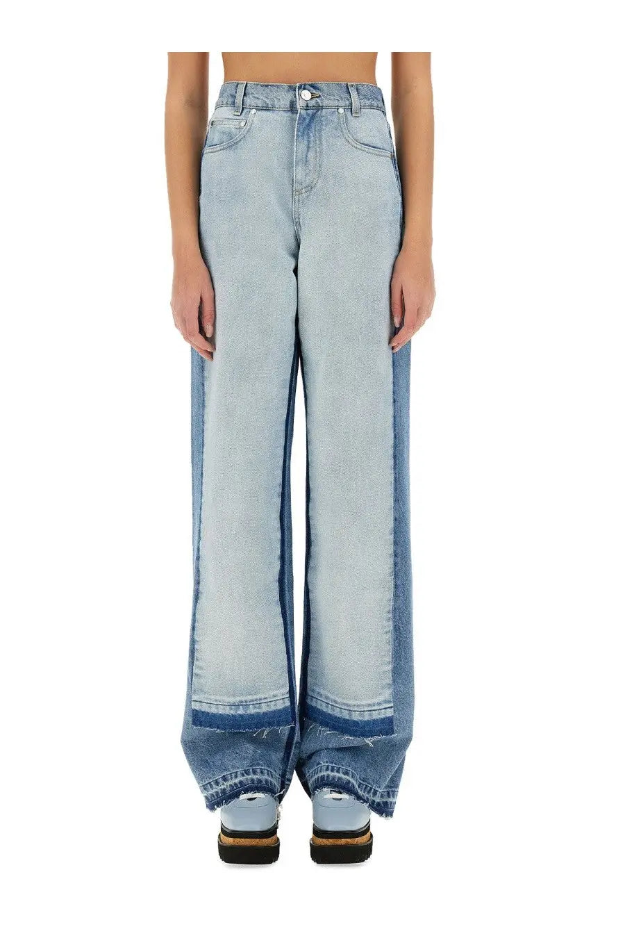 Stella McCartney women’s straight leg jeans in light-wash denim with faded distressing and dark blue side panels