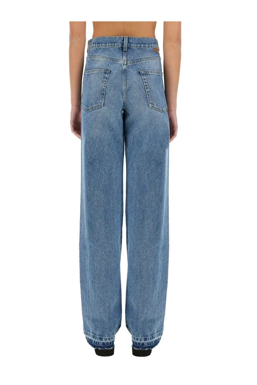 Light-wash denim stella mccartney women’s straight leg jeans with wide-leg cut and classic back pockets back view