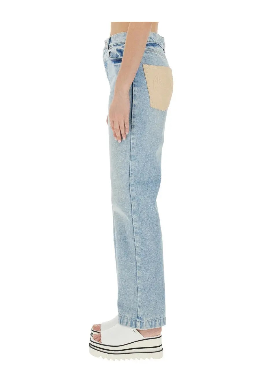 Stella McCartney women’s straight leg light-wash denim jeans with beige patch pocket for casual wear