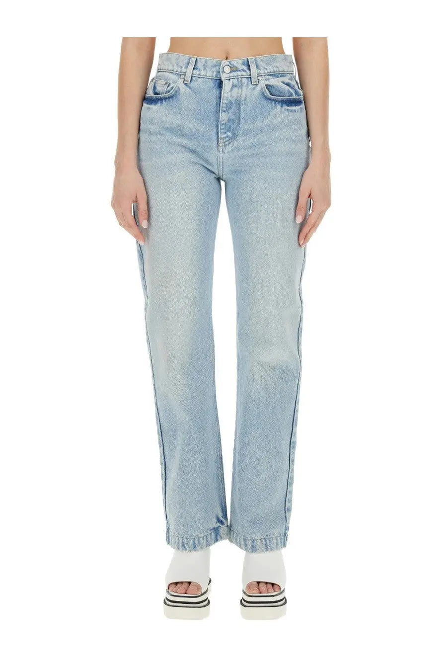 Stella mccartney women’s straight leg light-wash denim jeans with frayed hems and a casual fit