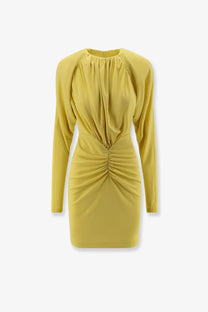 Stella McCartney women’s sustainable viscose mustard yellow dress with ruched bodice and waist in smooth fabric