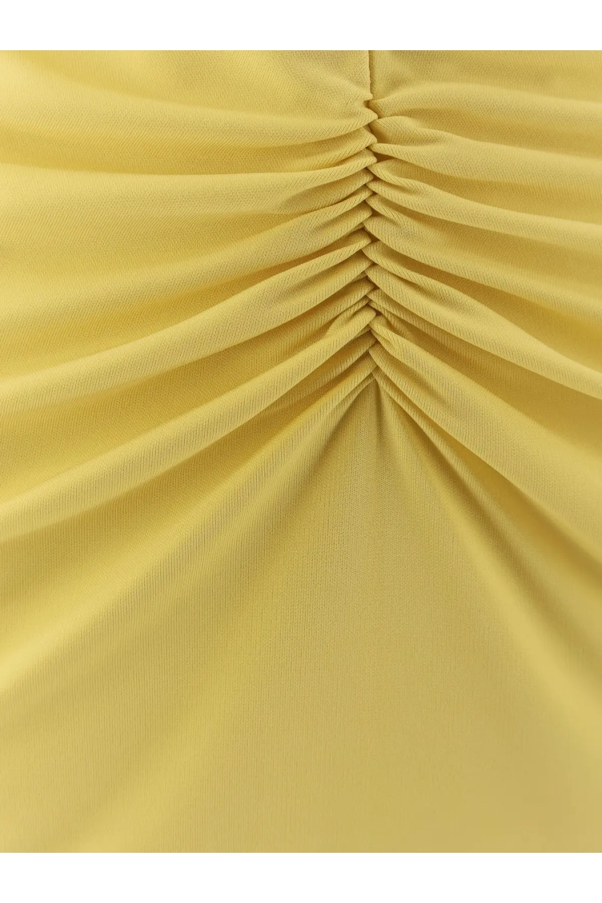 Stella McCartney women’s sustainable viscose dress in yellow featuring soft ruched fabric with subtle textured weave