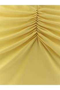 Stella McCartney women’s sustainable viscose dress in yellow featuring soft ruched fabric with subtle textured weave