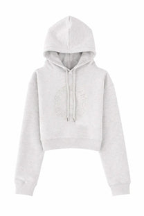 Stella McCartney women’s cropped grey hooded sweatshirt with circular rhinestone logo on the chest