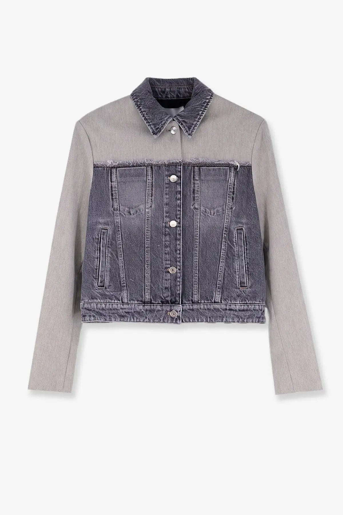 Stella McCartney women’s tailoring mix cropped denim jacket with gray body dark-wash front silver buttons and frayed edges