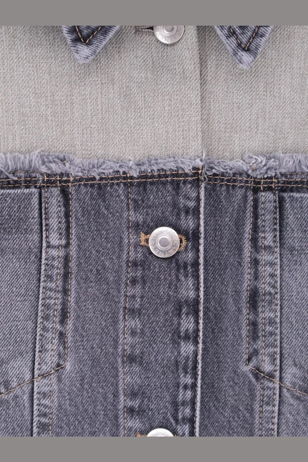 Stella McCartney women’s dark gray denim tailoring mix jacket with frayed hem and silver buttons