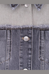 Stella McCartney women’s dark gray denim tailoring mix jacket with frayed hem and silver buttons