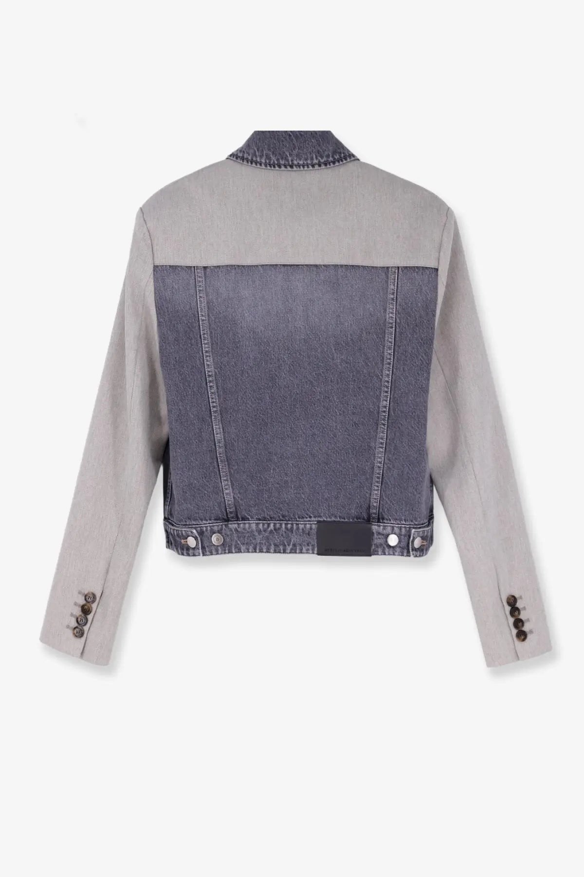 Stella McCartney womens tailoring mix jacket grey cropped two-tone denim with light gray sleeves and dark blue back panel shown from back