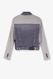 Stella McCartney womens tailoring mix jacket grey cropped two-tone denim with light gray sleeves and dark blue back panel shown from back