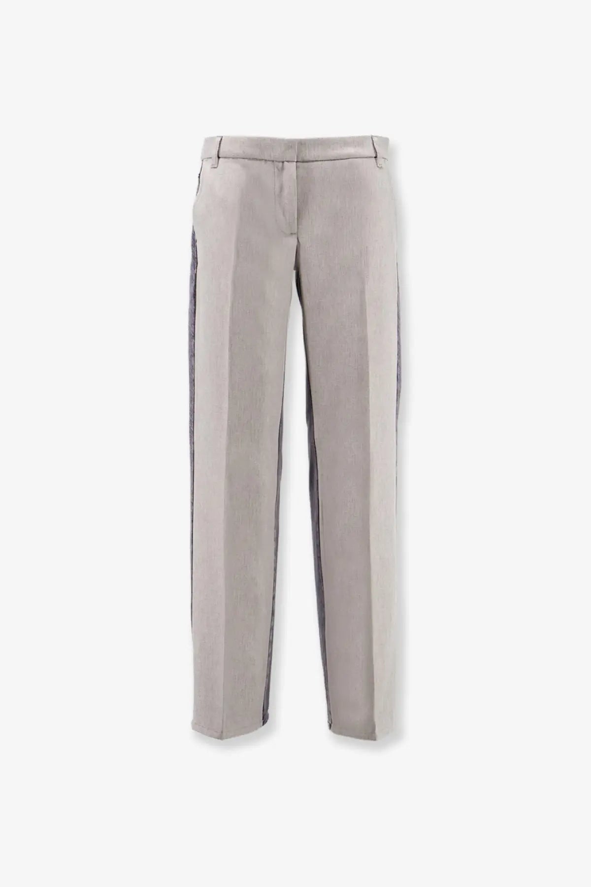 Beige Stella McCartney women’s tailoring mixed trousers with subtle vertical ribbing and dark gray side stripes