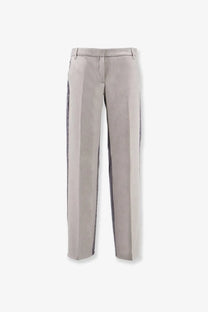 Beige Stella McCartney women’s tailoring mixed trousers with subtle vertical ribbing and dark gray side stripes