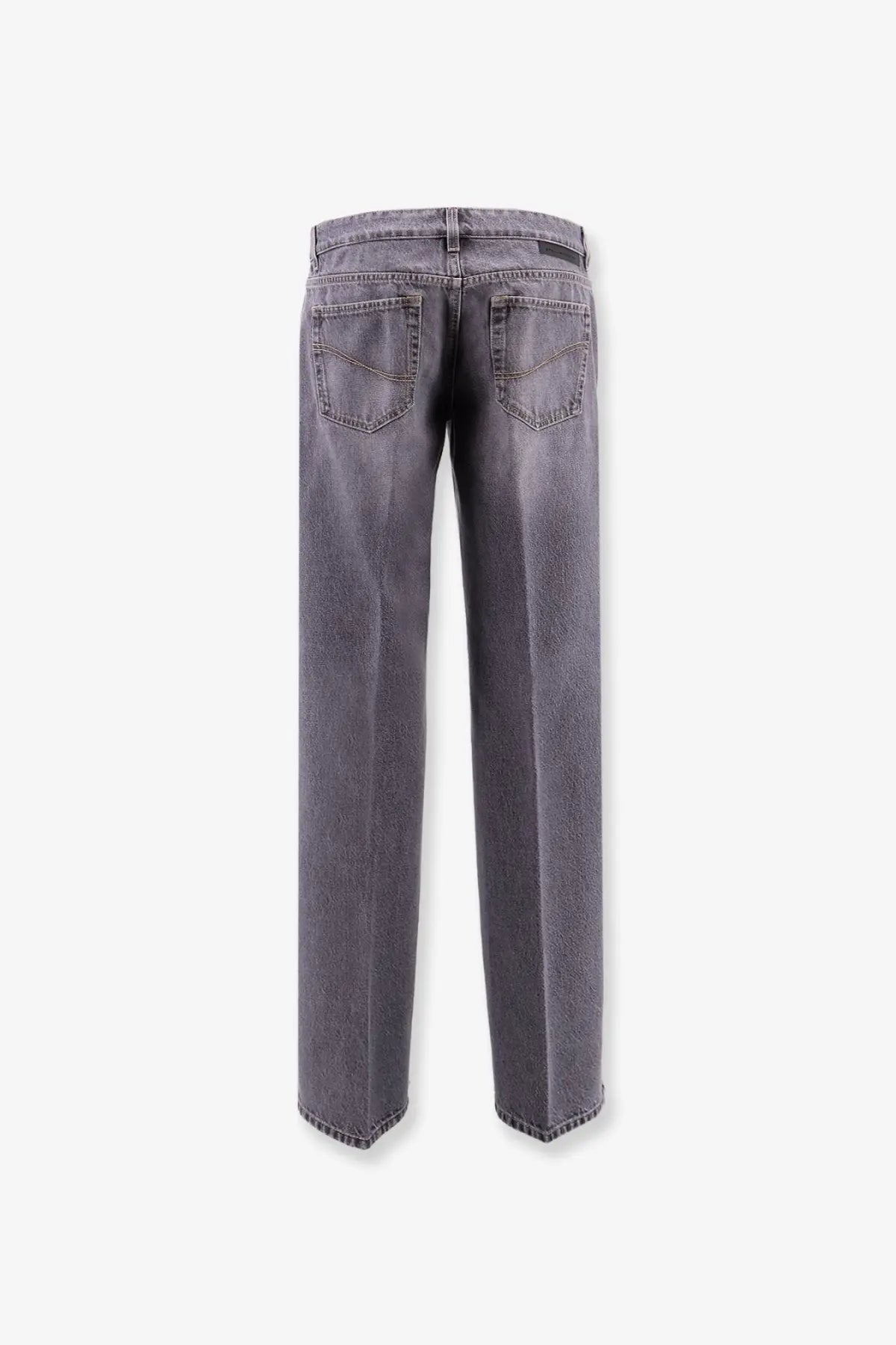 Dark gray denim straight-leg jeans with classic back pockets shown from the back in stella mccartney women tailoring mixed trousers grey