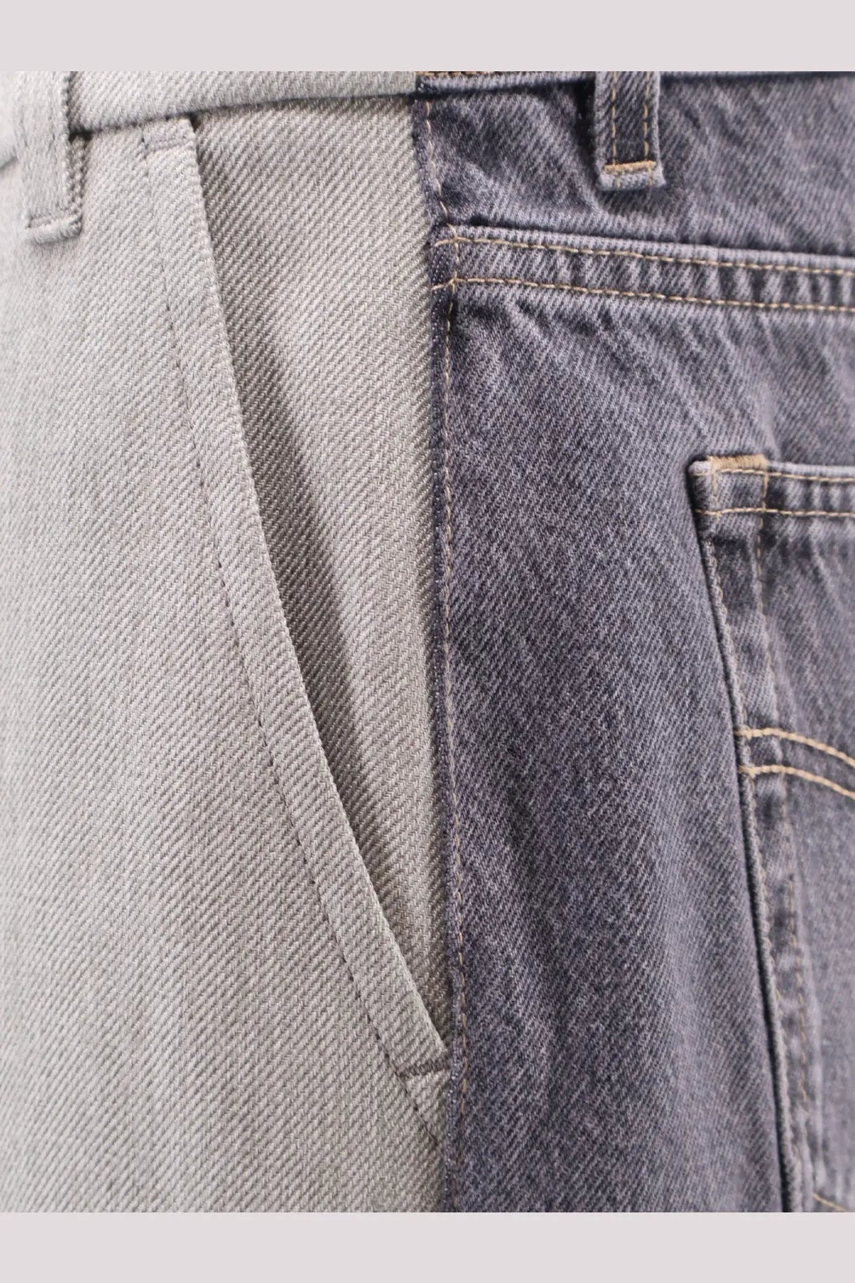 Stella McCartney women’s tailoring mixed trousers grey featuring two-tone denim jeans with light gray and dark blue panels