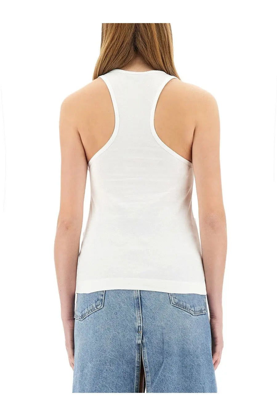 Stella McCartney women’s white racerback tank top with smooth form-fitting fabric and clean seams shown from back