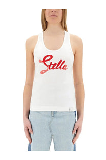 White stella mccartney tank top with red cursive logo featuring a comfortable sleeveless design for casual wear