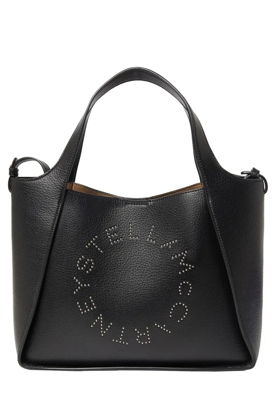 Stella McCartney women’s black leather tote bag with silver studded logo for stylish everyday use