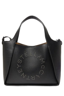 Stella McCartney women’s black leather tote bag with silver studded logo for stylish everyday use