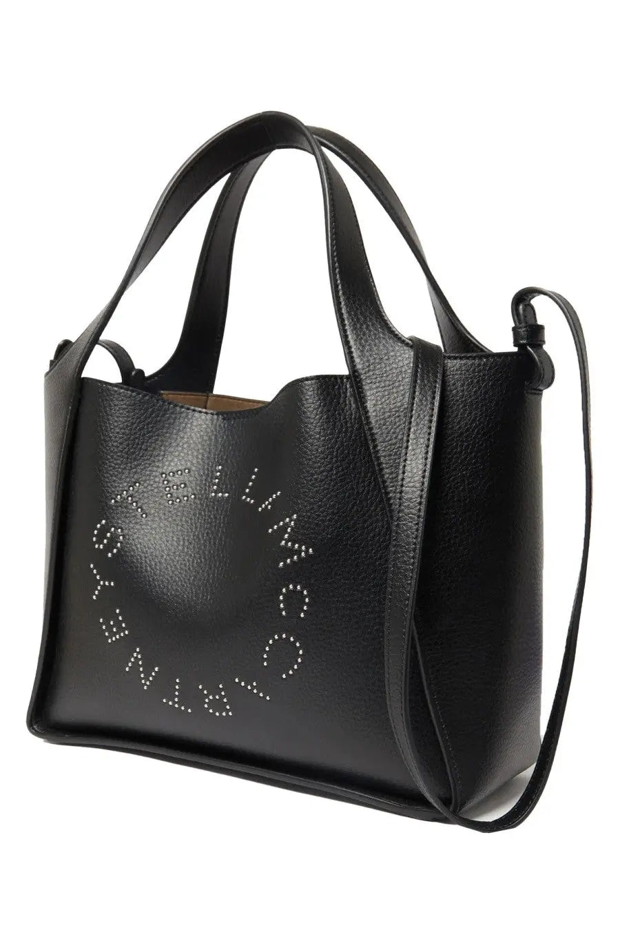 Black leather tote bag by Stella McCartney featuring silver stud logo detailing for women