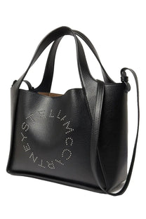 Black leather tote bag by Stella McCartney featuring silver stud logo detailing for women