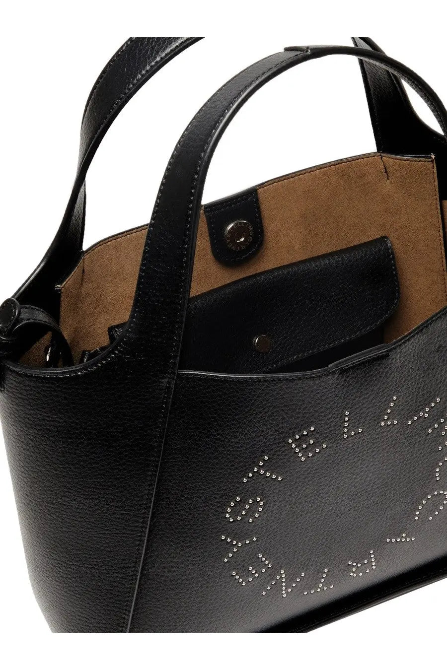 Black leather tote bag by Stella McCartney with silver tone stud detailing spelling Stella McCartney across front