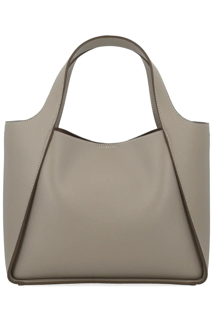 Stella McCartney women’s taupe leather tote bag with structured triangular stitching and dark brown trim edges