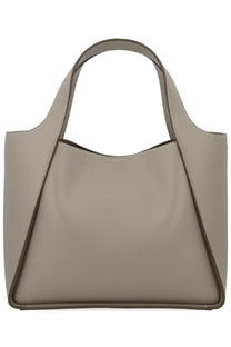 Stella McCartney women’s taupe leather tote bag with structured triangular stitching and dark brown trim edges