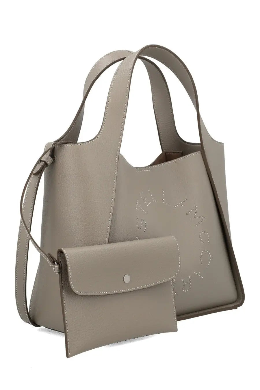 Stella McCartney women’s taupe leather tote bag with detachable strap and silver stud embossed logo flap pocket