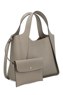 Stella McCartney women’s taupe leather tote bag with detachable strap and silver stud embossed logo flap pocket
