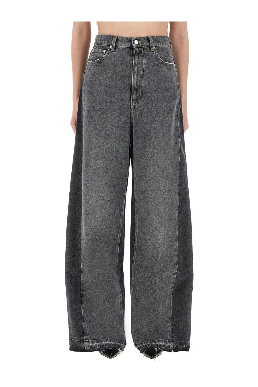 Stella McCartney women’s wide leg jeans in dark gray faded wash with high waist and raw hem detailing