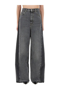 Stella McCartney women’s wide leg jeans in dark gray faded wash with high waist and raw hem detailing
