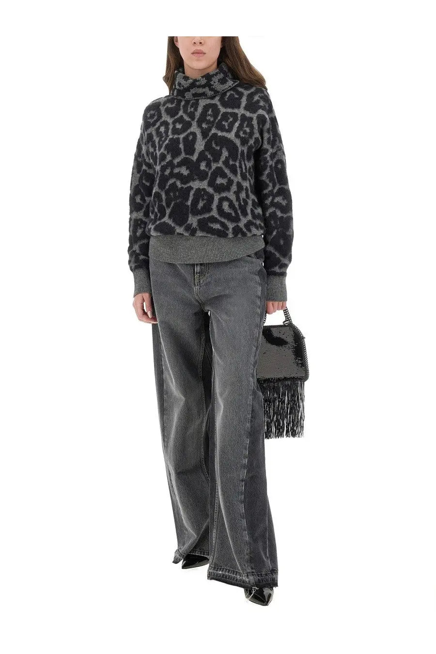 Black sequined handbag with fringe detailing paired with stella mccartney womens wide leg jeans black